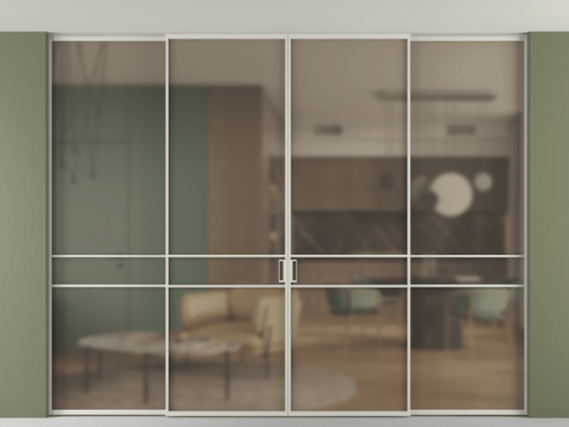 Перегородка Formato внутри проёма скрытое крепление в потолок 4 створки АЛПР 040.02 Алюминий тёплый серый Сатинированное бронзовое стекло, триплекс Цена 22960 AZE | Volhovec