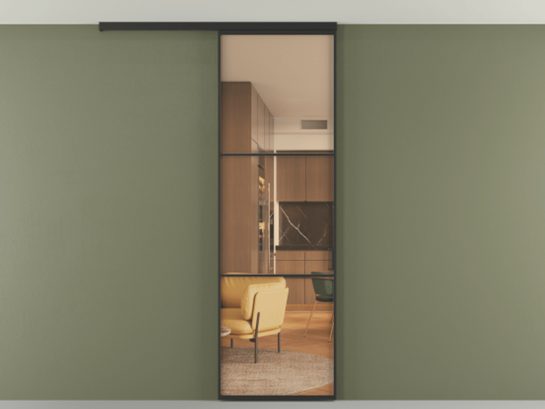 Перегородка Формато вдоль стены на потолок 1 створка АЛПР 040.03 Алюминий Черный Прозрачное оранжевое стекло, триплекс Цена 4900 AZE | Volhovec