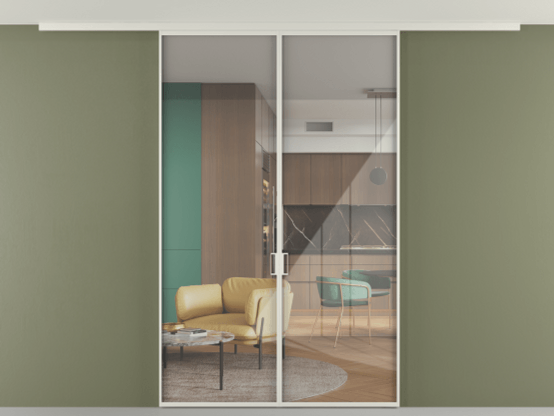 Перегородка Формато вдоль стены на потолок 2 створки АЛПР 040.01 Алюминий Белый Рефлективное прозрачное стекло "Стопсол", калёное Цена 11650 AZE | Volhovec