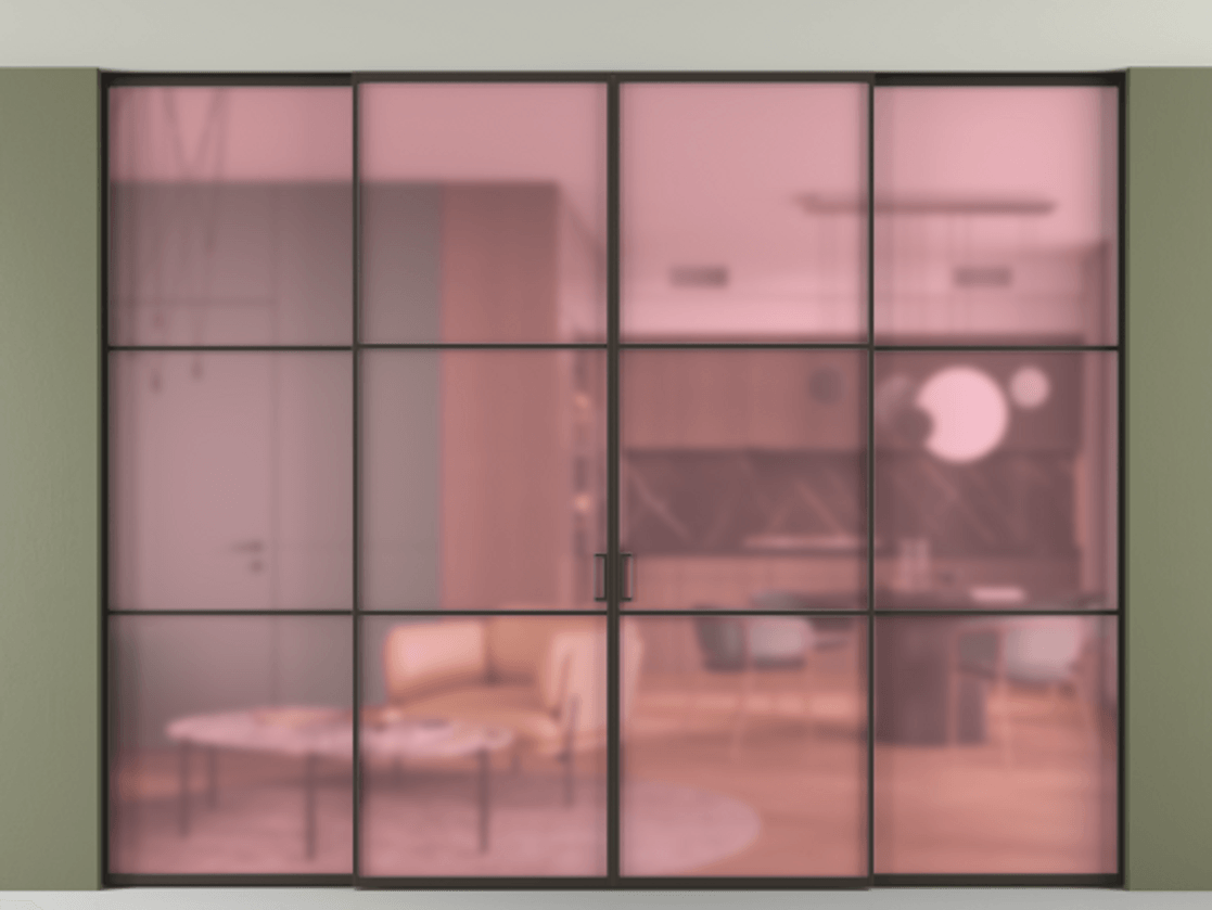 Перегородка Формато внутри проёма скрытое крепление в потолок 4 створки АЛПР 040.03 Алюминий антрацит Сатинированное розовое стекло, триплекс Цена 23800 AZE | Volhovec