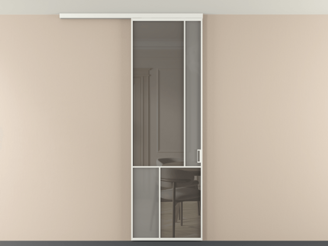 Перегородка Мозаик вдоль стены на потолок 1 створка АЛПР 041.21 Алюминий светло-серый Сатинированное серое стекло, триплекс, 6 мм + Прозрачное серое стекло, триплекс Цена 7040 AZE | Volhovec