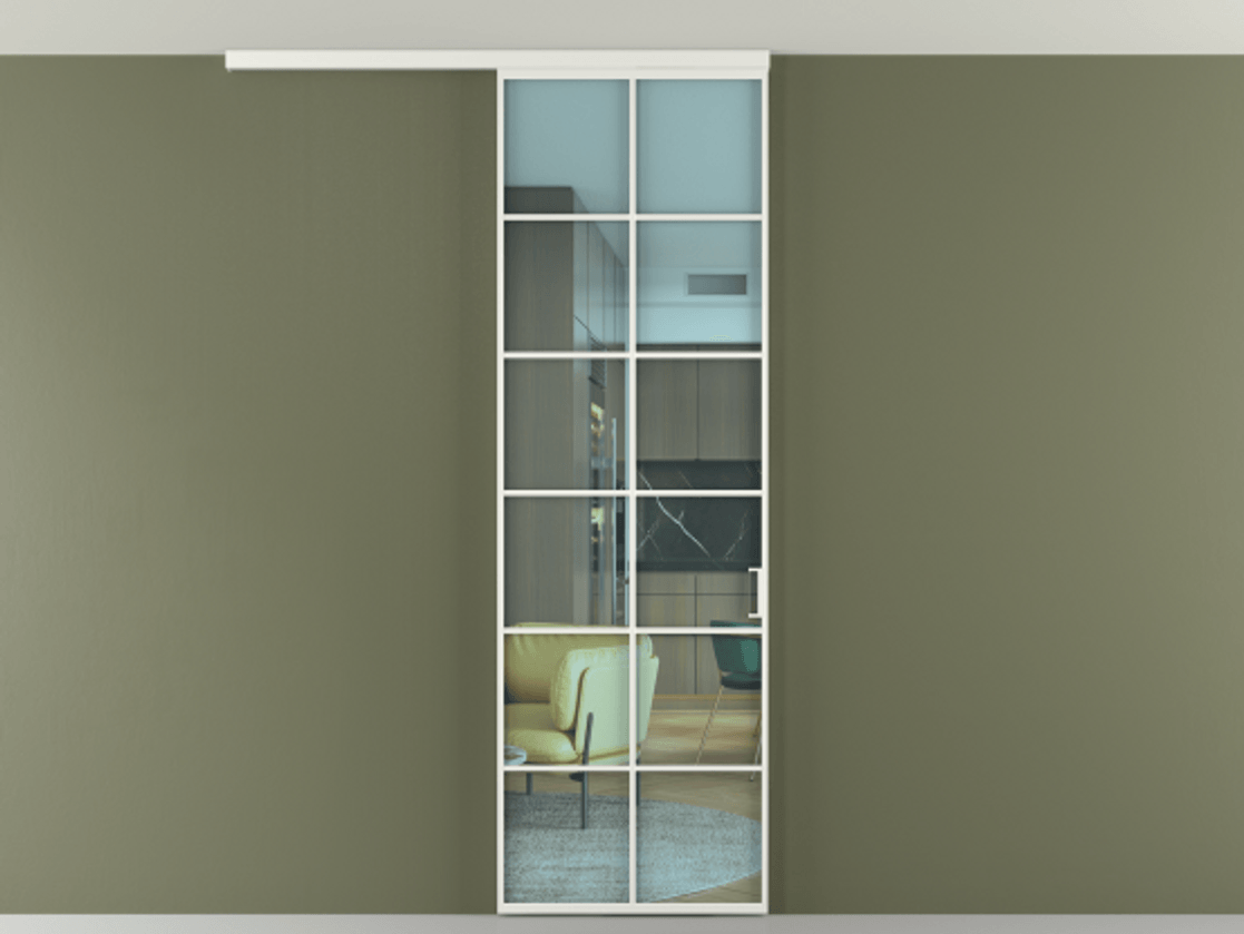 Перегородка Формато вдоль стены на потолок 1 створка АЛПР 040.05 Алюминий светло-серый Прозрачное голубое стекло, триплекс Цена 5400 AZE | Volhovec