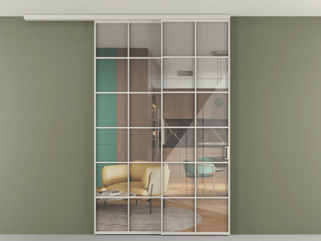 Перегородка Формато вдоль стены на потолок 2 створки с синхронным механизмом АЛПР 040.05 Алюминий облачно-серый Рефлективное прозрачное стекло "Стопсол", калёное Цена 15870 AZE | Volhovec