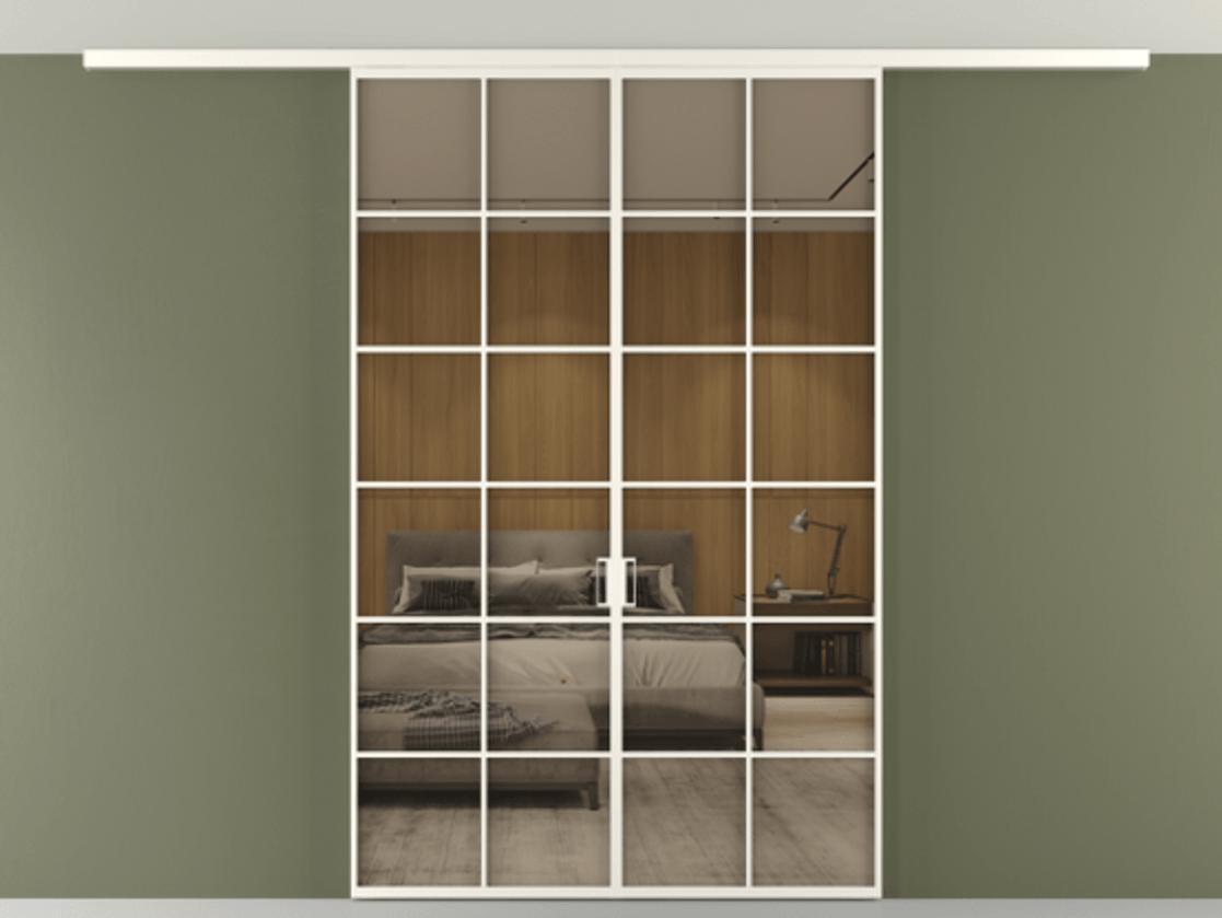 Перегородка Формато вдоль стены на потолок 2 створки АЛПР 040.05 Алюминий пудровый белый Рефлективное бронзовое стекло "Стопсол", калёное Цена 13610 AZE | Volhovec