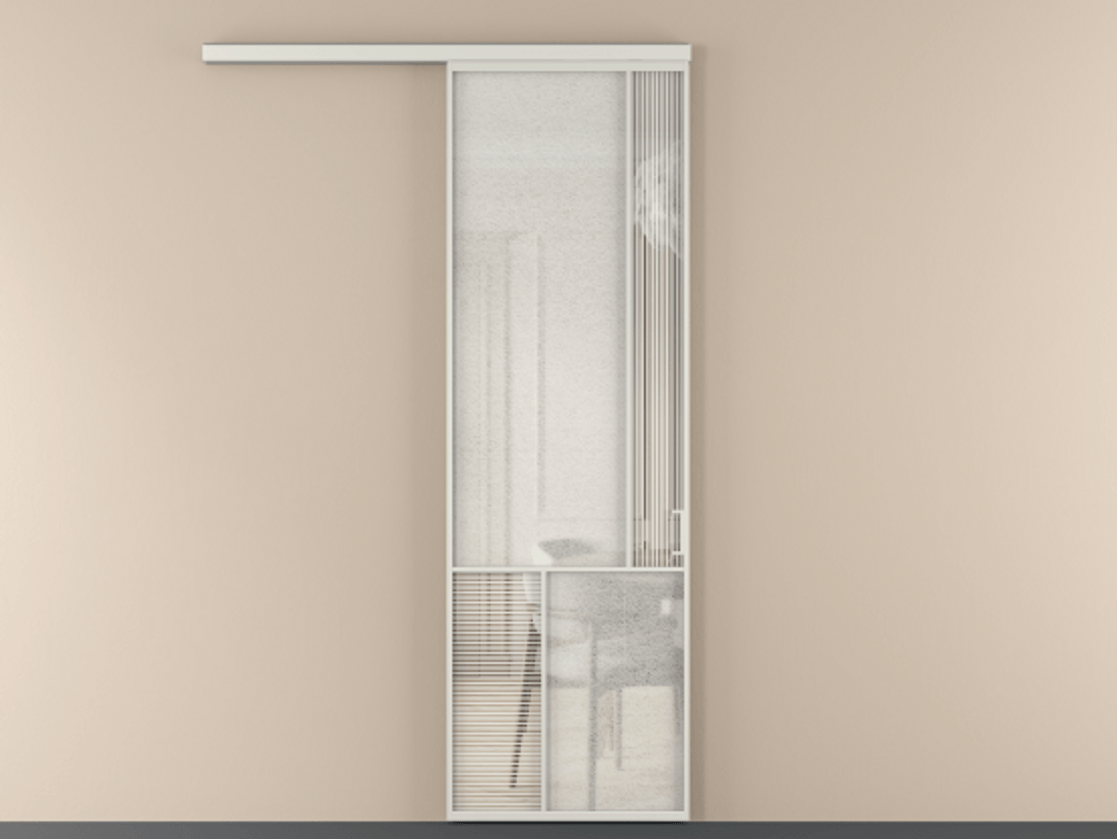 Перегородка Mosaic вдоль стены 1 створка АЛПР 041.21 Алюминий серый Рифлёное стекло "Дюна", триплекс, 6 мм + Фактурное стекло "Лёд", триплекс Цена 7560 AZE | Volhovec