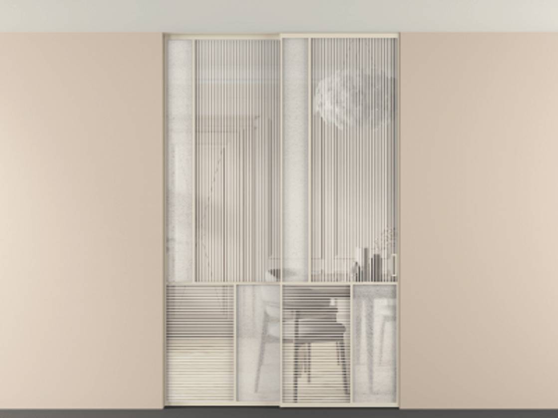 Перегородка Мозаик внутри проёма скрытое крепление в потолок 2 створки АЛПР 041.20 Алюминий бежево-серый Рифлёное стекло "Дюна", триплекс, 6 мм + Фактурное стекло "Лёд", триплекс Цена 17750 AZE | Volhovec
