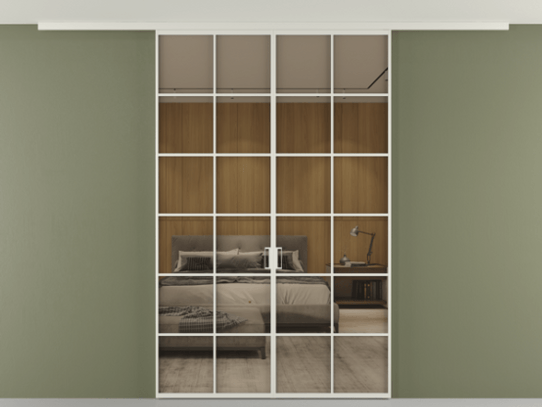 Перегородка Формато вдоль стены на потолок 2 створки АЛПР 040.05 Алюминий Белый Рефлективное бронзовое стекло "Стопсол", калёное Цена 13090 AZE | Volhovec