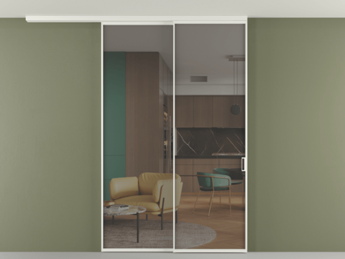 Перегородка Формато вдоль стены на потолок 2 створки с синхронным механизмом АЛПР 040.01 Алюминий светло-серый Прозрачное серое стекло, триплекс Цена 15590 AZE | Volhovec