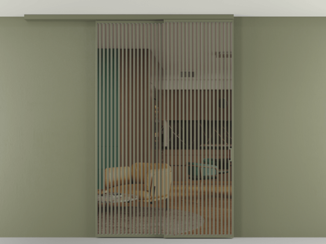 Перегородка Формато вдоль стены на потолок 2 створки с синхронным механизмом АЛПР 040.06 Алюминий оливковый тёмный Прозрачное бронзовое стекло, триплекс Цена 23480 AZE | Volhovec