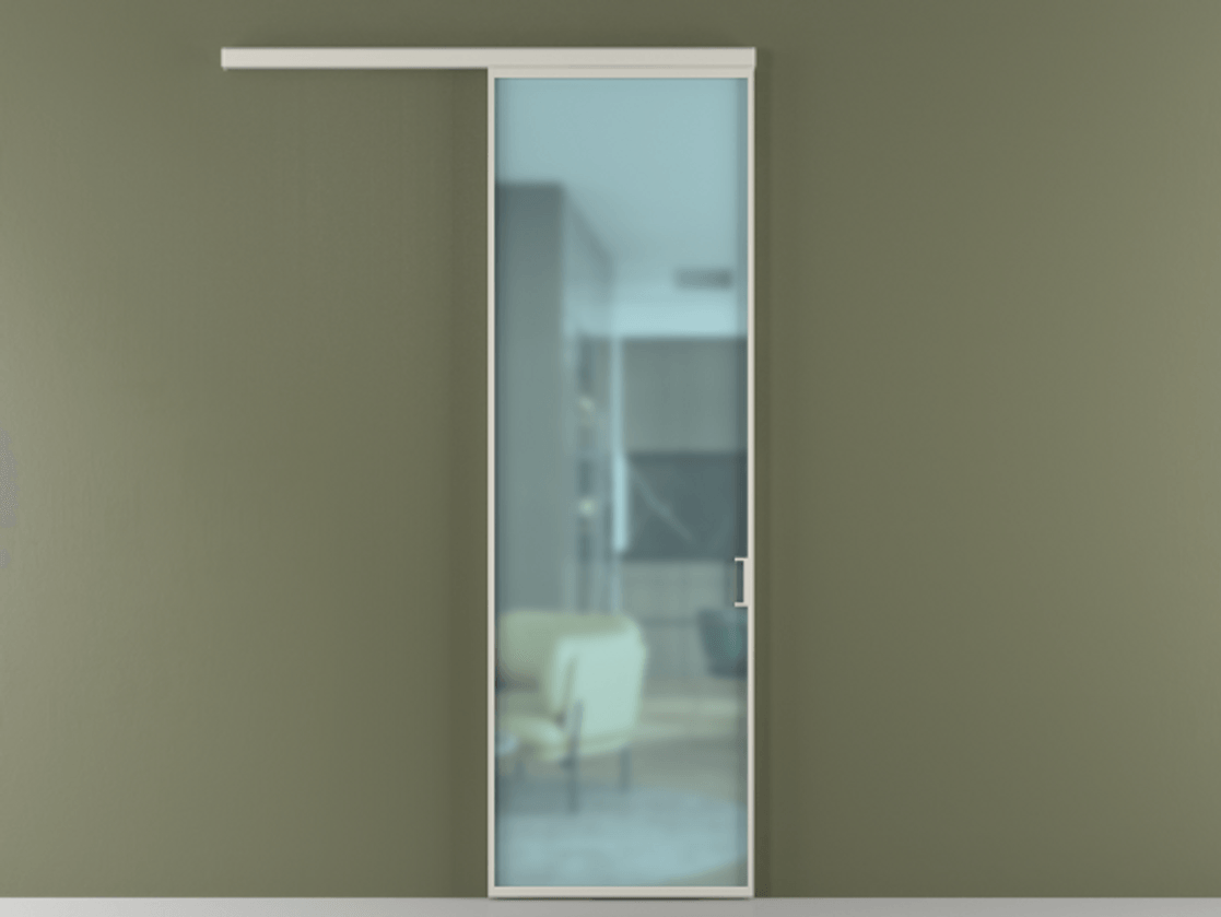 Перегородка Formato вдоль стены 1 створка АЛПР 040.01 Алюминий тёплый серый Сатинированное голубое стекло, триплекс Цена 6000 AZE  | Volhovec