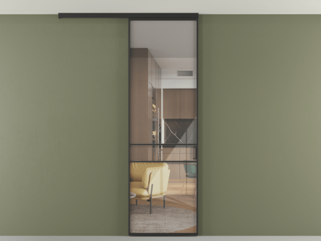 Перегородка Формато вдоль стены на потолок 1 створка АЛПР 040.02 Алюминий Черный Рефлективное прозрачное стекло "Стопсол", калёное Цена 6300 AZE | Volhovec