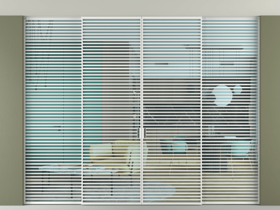 Перегородка Formato внутри проёма скрытое крепление в потолок 4 створки АЛПР 040.07 Алюминий белоснежный Прозрачное голубое стекло, триплекс Цена 41800 AZE | Volhovec