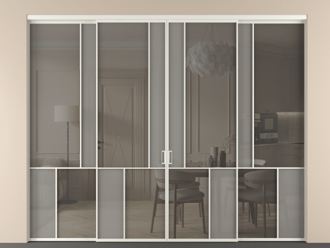 Перегородка Mosaic внутри проёма 4 створки АЛПР 041.20 Алюминий Белый Сатинированное серое стекло, триплекс, 6 мм + Прозрачное серое стекло, триплекс Цена 23040 AZE | Volhovec