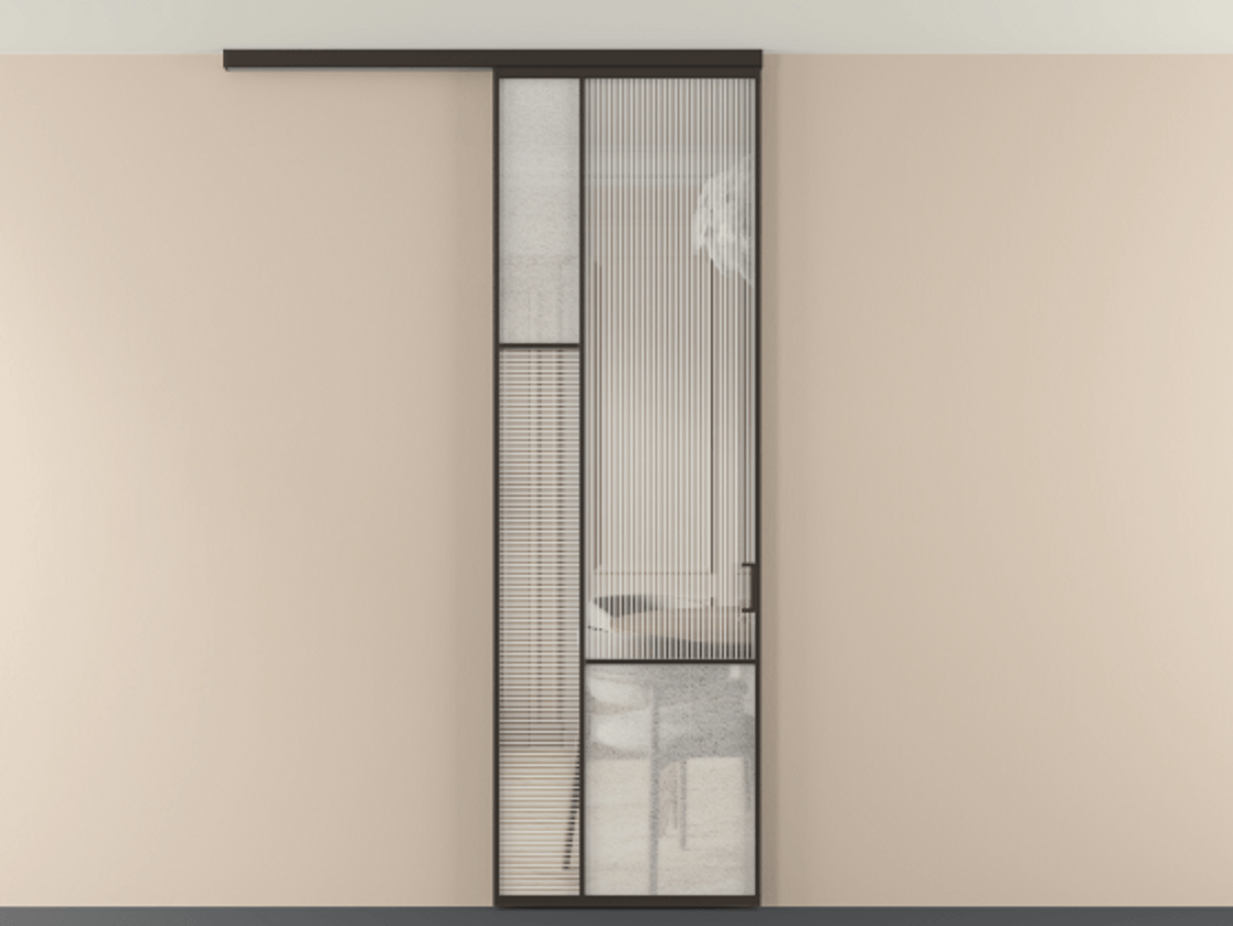 Перегородка Мозаик вдоль стены на потолок 1 створка АЛПР 041.13 Алюминий антрацит Рифлёное стекло "Дюна", триплекс, 6 мм + Фактурное стекло "Лёд", триплекс Цена 7460 AZE | Volhovec