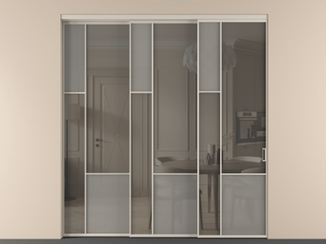 Перегородка Мозаик внутри проёма 3 створки с синхронным механизмом АЛПР 041.13 Алюминий светло-бежевый Сатинированное серое стекло, триплекс, 6 мм + Прозрачное серое стекло, триплекс Цена 22800 AZE | Volhovec