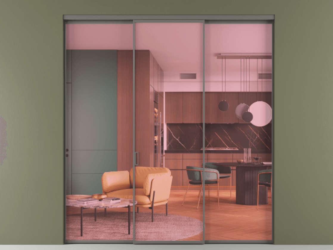 Перегородка Formato внутри проёма 3 створки АЛПР 040.01 Алюминий классический серый Прозрачное розовое стекло, триплекс Цена 11700 AZE | Volhovec