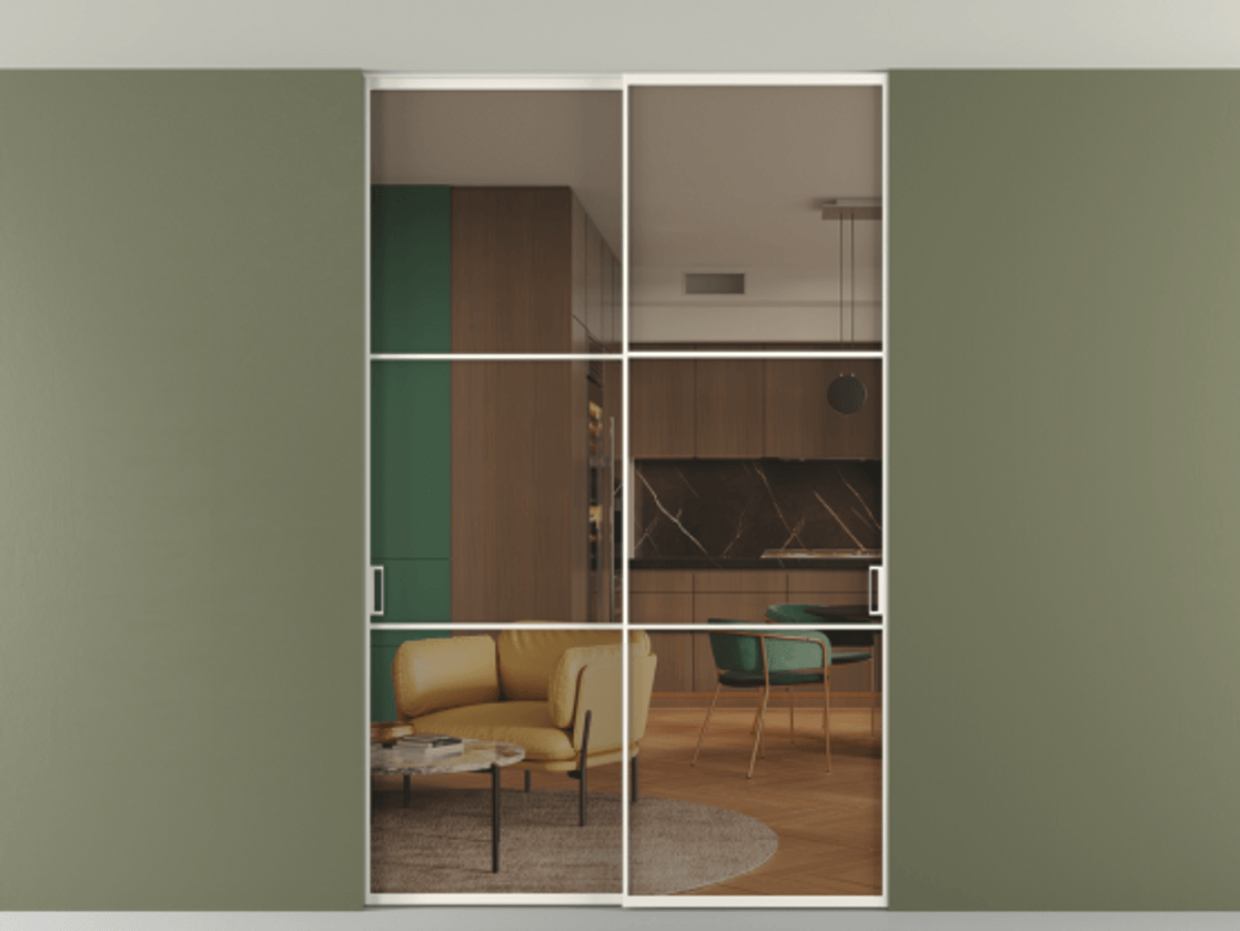 Перегородка Формато внутри проёма скрытое крепление в потолок 2 створки АЛПР 040.03 Алюминий пудровый белый Прозрачное бронзовое стекло, триплекс Цена 12940 AZE | Volhovec