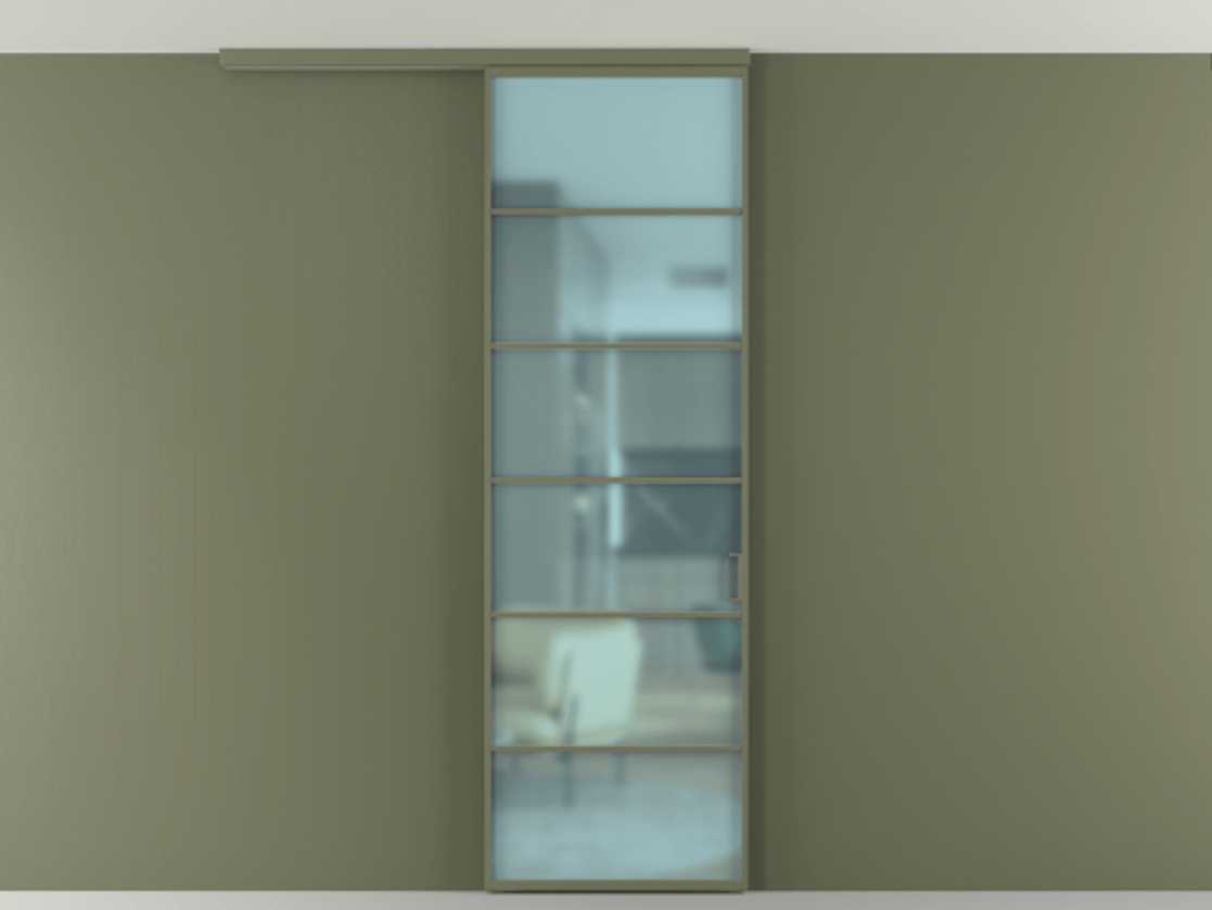 Перегородка Формато вдоль стены на потолок 1 створка АЛПР 040.04 Алюминий оливковый тёмный Сатинированное голубое стекло, триплекс Цена 5400 AZE | Volhovec