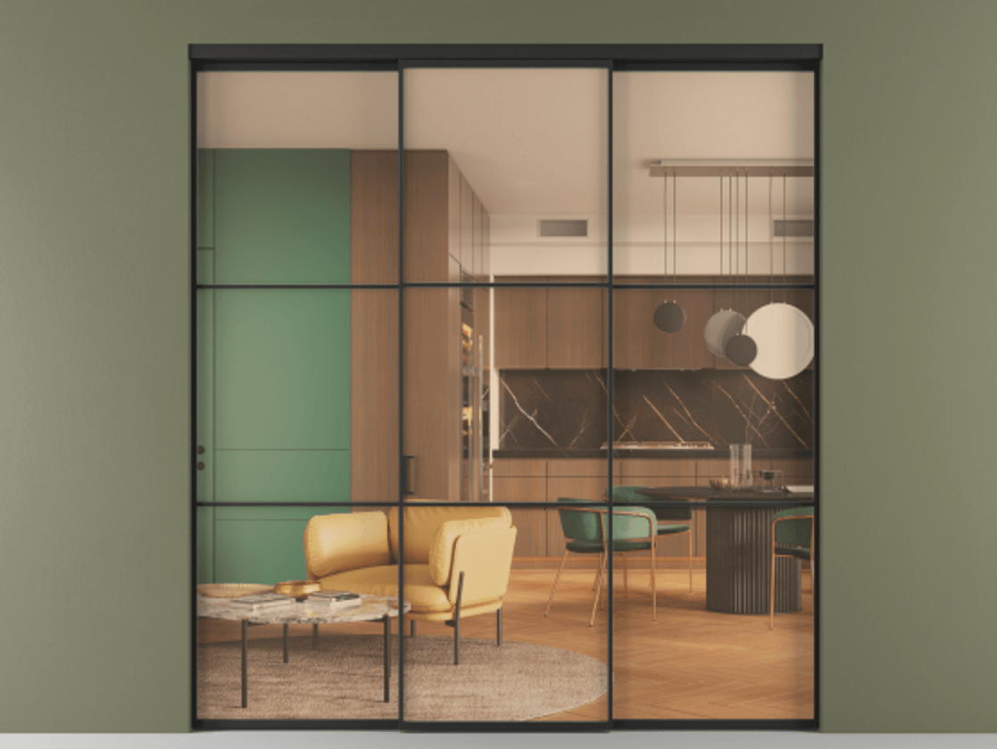 Перегородка Формато внутри проёма 3 створки АЛПР 040.03 Алюминий Черный Прозрачное оранжевое стекло, триплекс Цена 14700 AZE | Volhovec