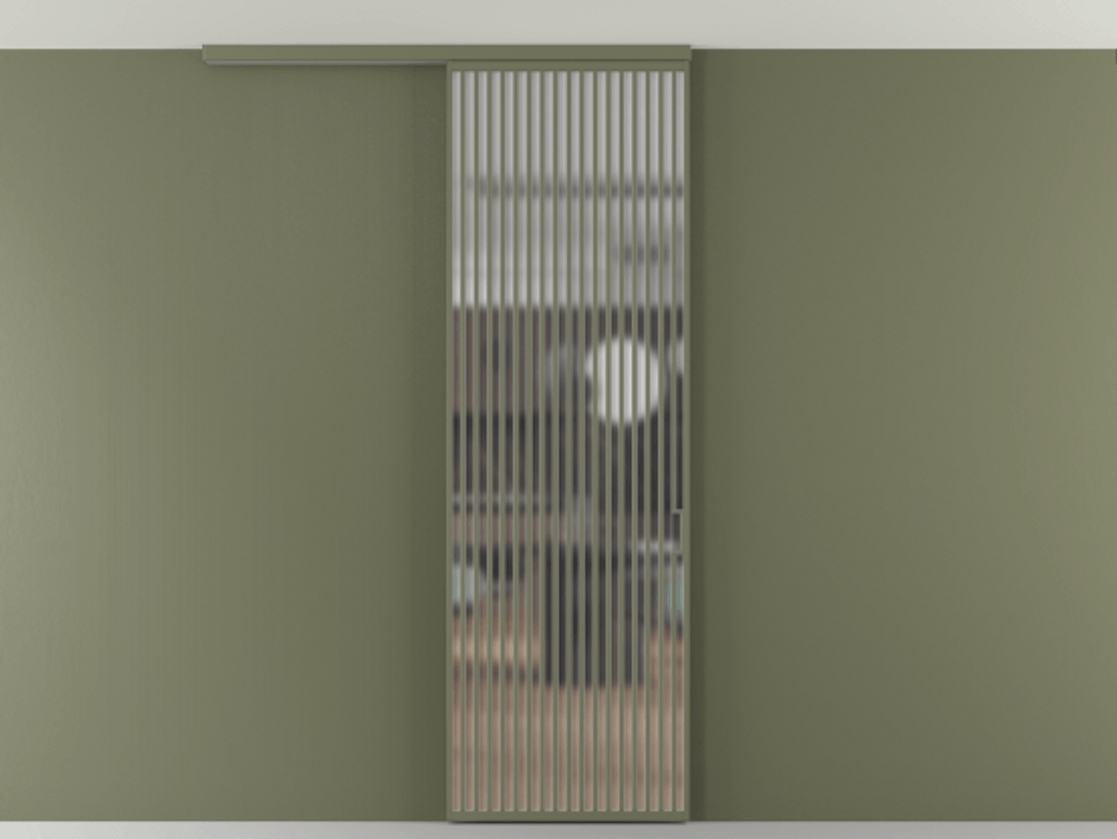 Перегородка Формато вдоль стены на потолок 1 створка АЛПР 040.06 Алюминий оливковый тёмный Сатинированное стекло "Мателюкс Кристал Вижн", калёное, матовое, каленое 6 мм Цена 10090 AZE | Volhovec