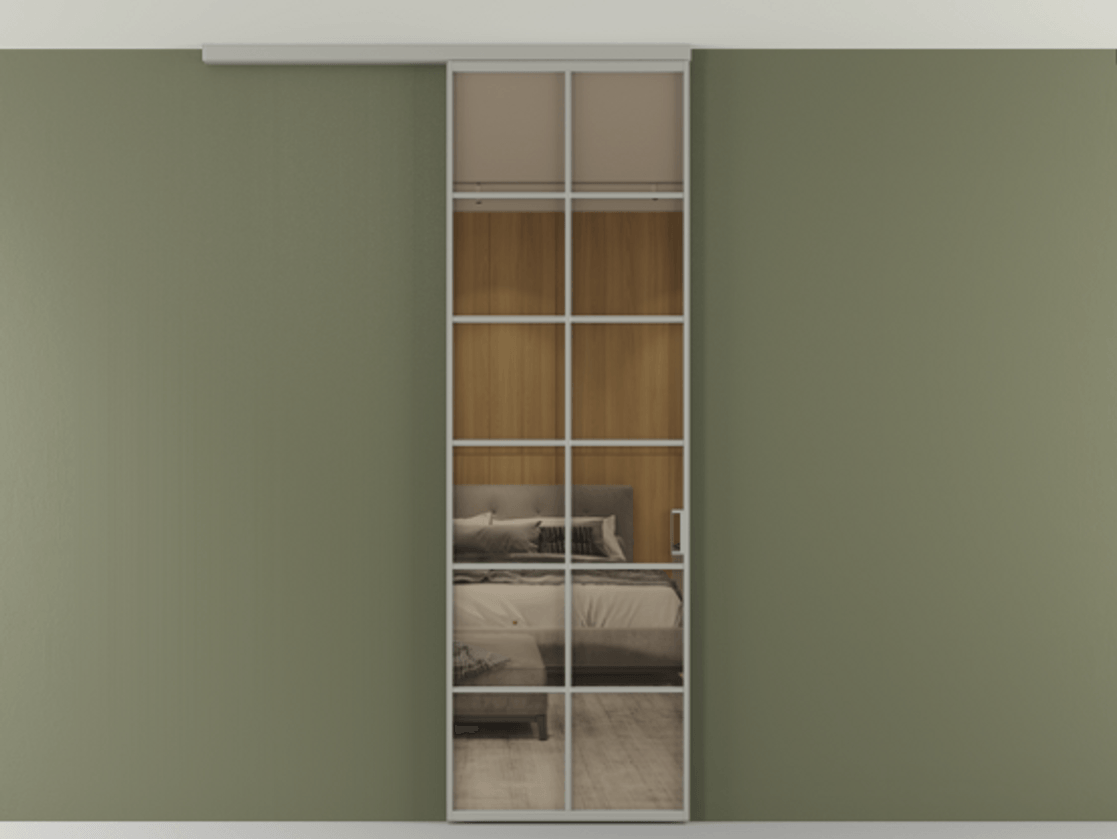 Перегородка Формато вдоль стены на потолок 1 створка АЛПР 040.05 Алюминий нейтральный серый Рефлективное бронзовое стекло "Стопсол", калёное Цена 6990 AZE | Volhovec