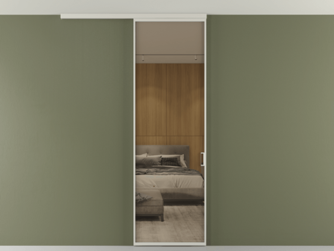 Перегородка Формато вдоль стены на потолок 1 створка АЛПР 040.01 Алюминий тёплый серый Рефлективное бронзовое стекло "Стопсол", калёное Цена 6230 AZE | Volhovec