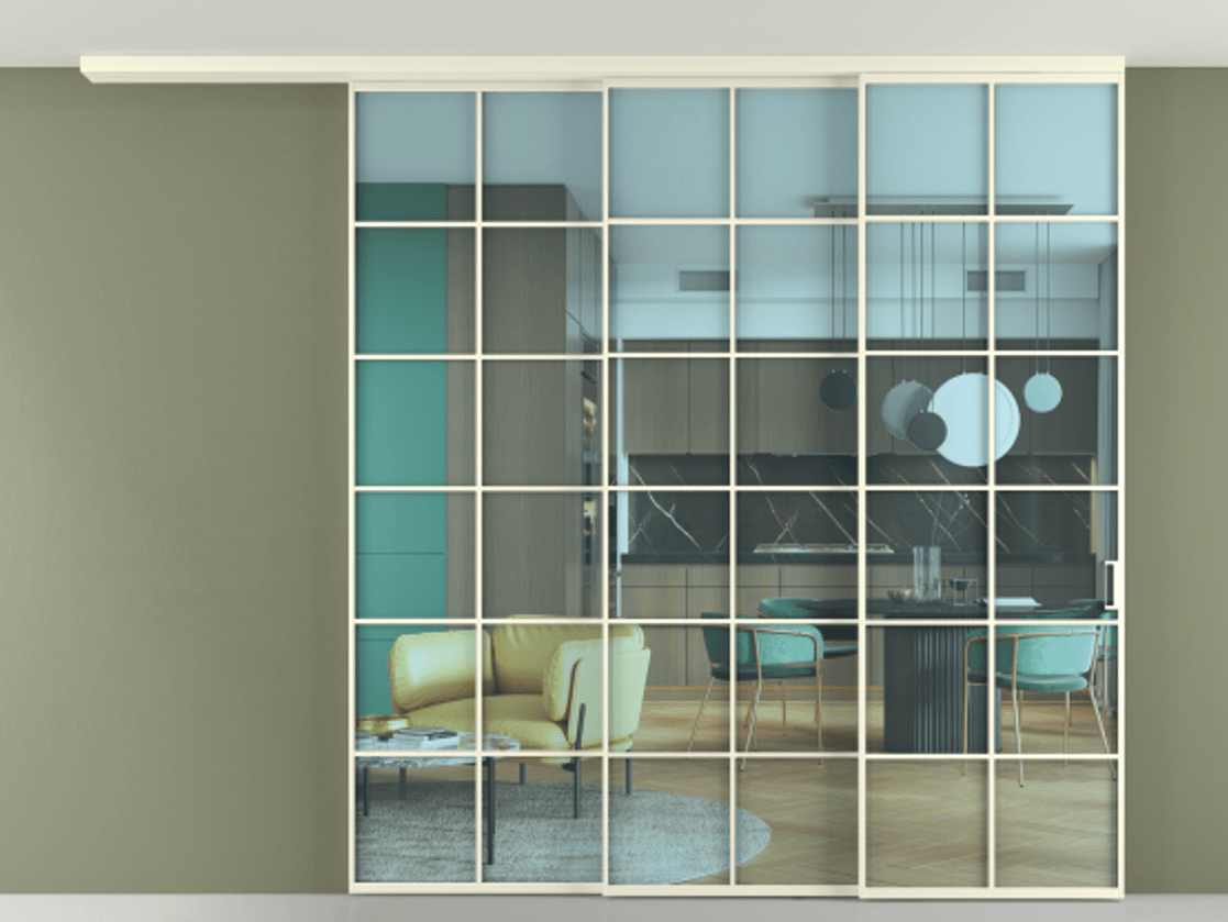 Перегородка Формато вдоль стены на потолок 3 створки с синхронным механизмом АЛПР 040.05 Алюминий молочно-белый Прозрачное голубое стекло, триплекс Цена 21000 AZE | Volhovec