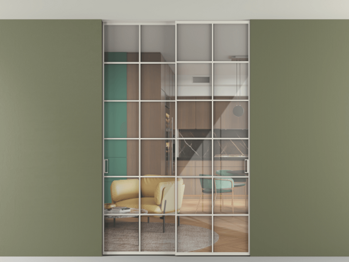 Перегородка Формато внутри проёма скрытое крепление в потолок 2 створки АЛПР 040.05 Алюминий облачно-серый Рефлективное прозрачное стекло "Стопсол", калёное Цена 16820 AZE | Volhovec