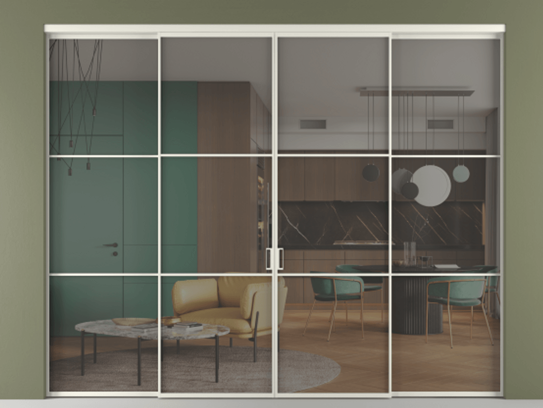 Перегородка Formato внутри проёма 4 створки АЛПР 040.03 Алюминий Белый Прозрачное серое стекло, триплекс Цена 16890 AZE  | Volhovec