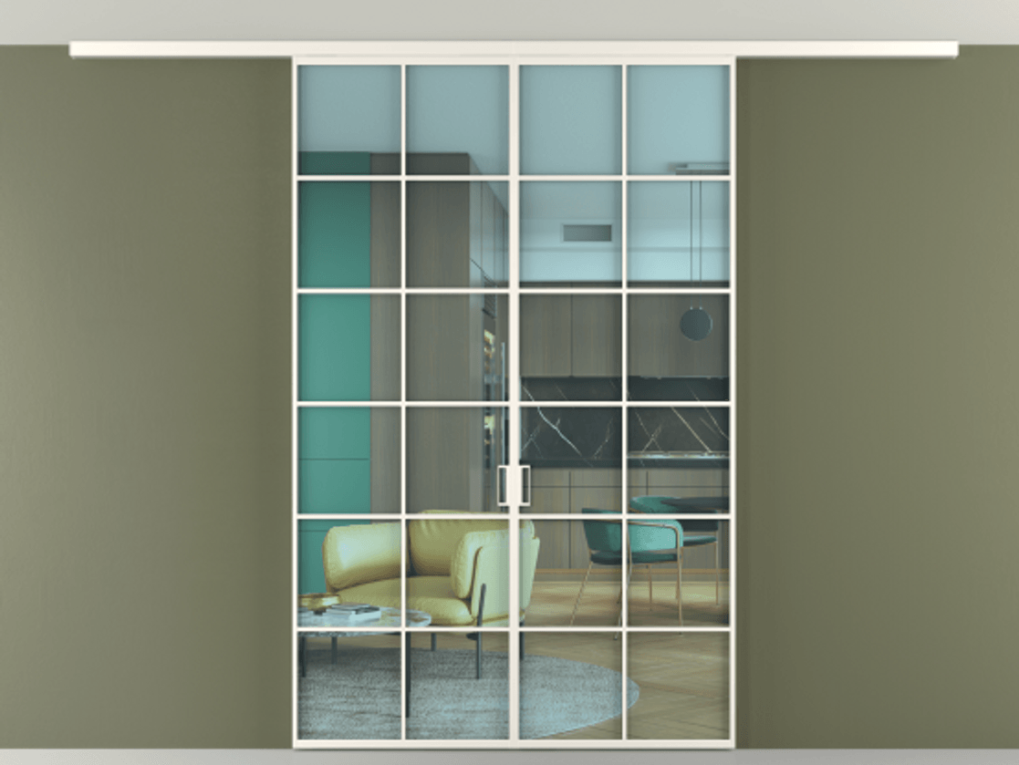 Перегородка Формато вдоль стены на потолок 2 створки АЛПР 040.05 Алюминий пудровый белый Прозрачное голубое стекло, триплекс Цена 10400 AZE | Volhovec