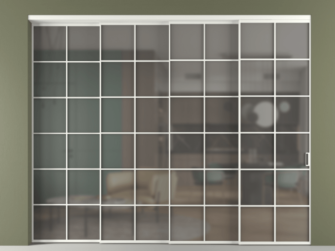 Перегородка Формато внутри проёма 4 створки с синхронным механизмом АЛПР 040.05 Алюминий светло-серый Сатинированное серое стекло, триплекс Цена 25470 AZE | Volhovec