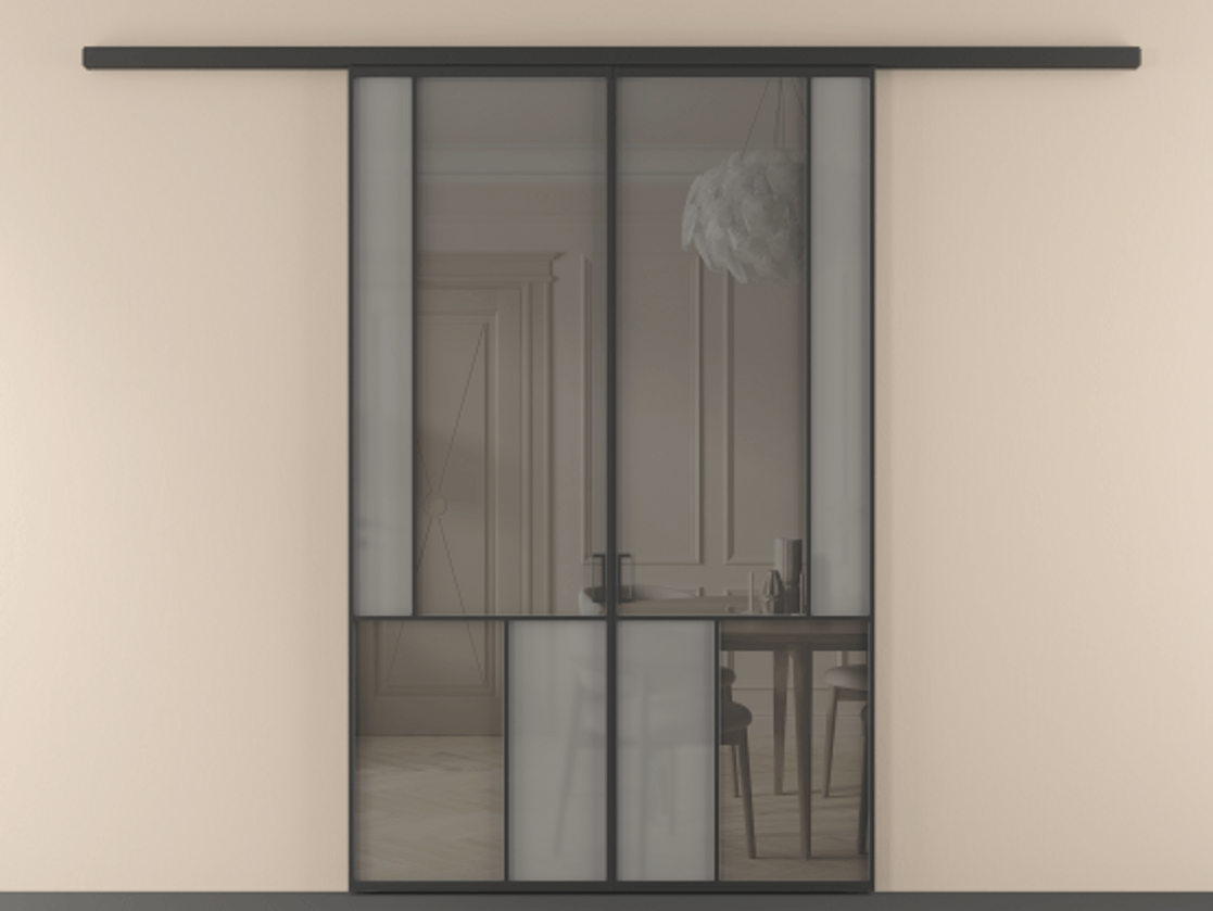 Перегородка Mosaic вдоль стены 2 створки АЛПР 041.21 Алюминий Черный Сатинированное серое стекло, триплекс, 6 мм + Прозрачное серое стекло, триплекс Цена 13240 AZE | Volhovec