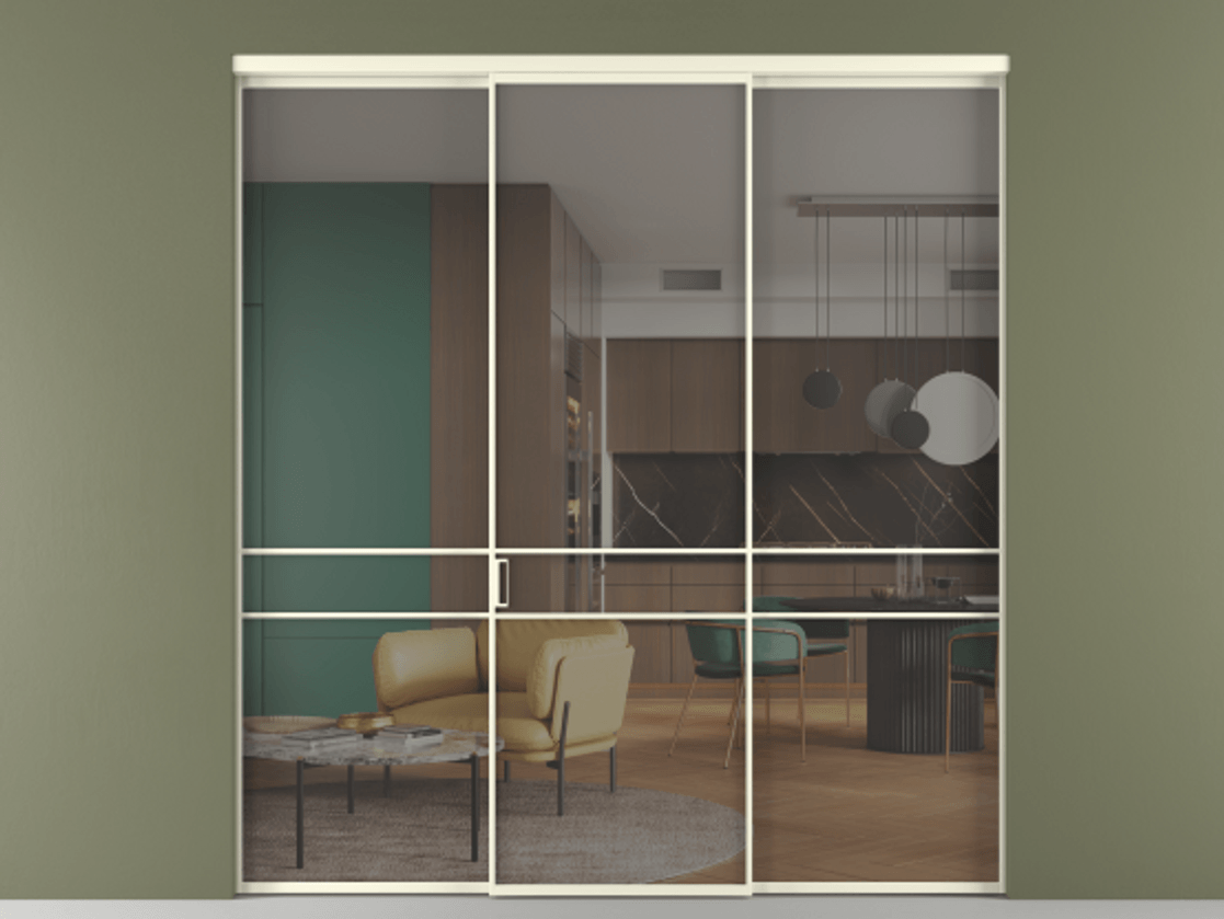 Перегородка Формато внутри проёма 3 створки АЛПР 040.02 Алюминий молочно-белый Рефлективное серое стекло "Стопсол", калёное Цена 16550 AZE | Volhovec