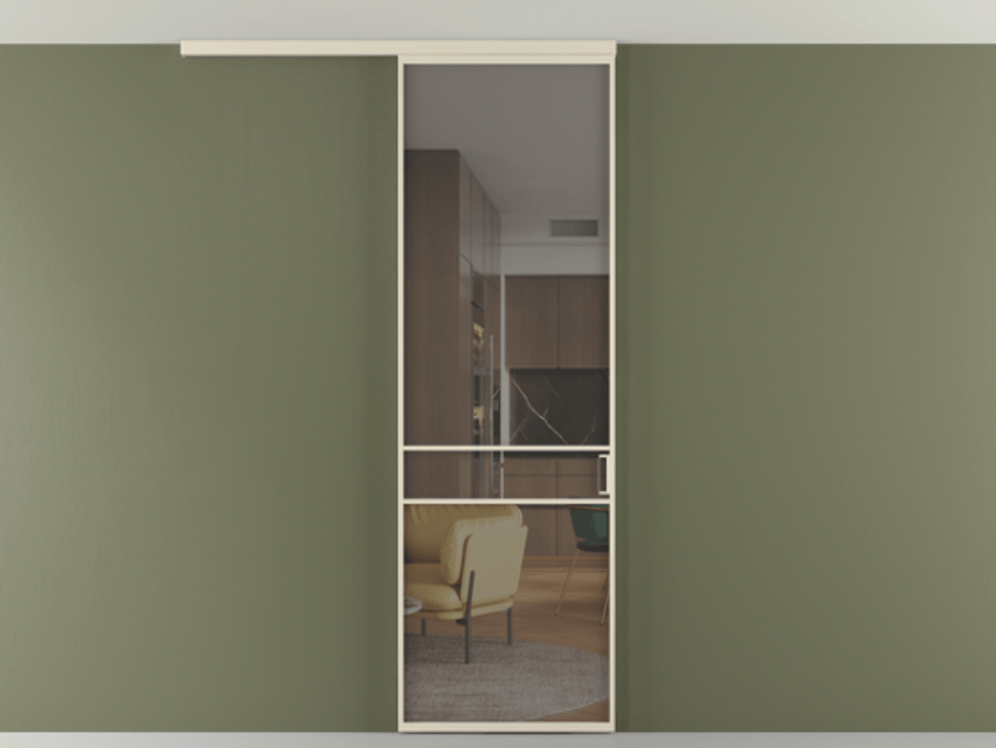 Перегородка Формато вдоль стены на потолок 1 створка АЛПР 040.02 Алюминий бежево-серый Прозрачное серое стекло, триплекс Цена 5050 AZE | Volhovec