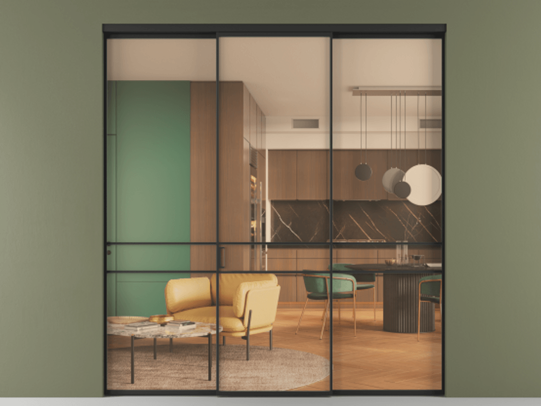 Перегородка Формато внутри проёма 3 створки АЛПР 040.02 Алюминий Черный Прозрачное оранжевое стекло, триплекс Цена 11900 AZE | Volhovec