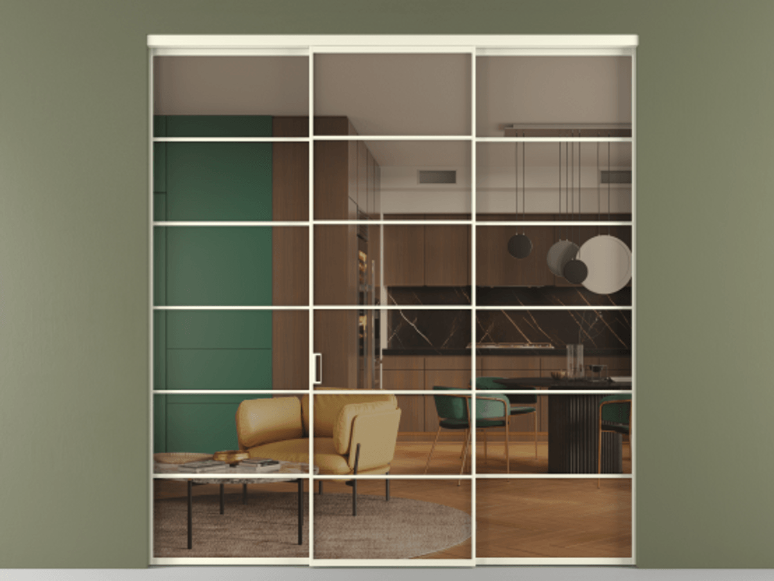 Перегородка Формато внутри проёма 3 створки АЛПР 040.04 Алюминий молочно-белый Прозрачное бронзовое стекло, триплекс Цена 13280 AZE | Volhovec