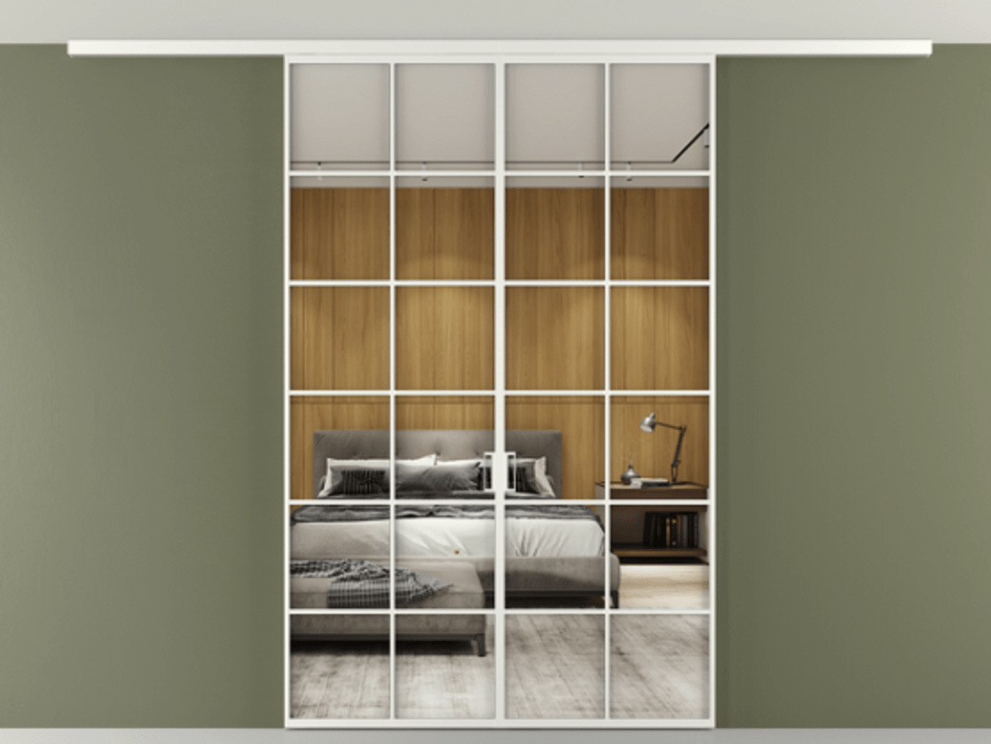 Перегородка Формато вдоль стены на потолок 2 створки АЛПР 040.05 Алюминий светло-серый Двустороннее зеркало, триплекс , триплекс 6 мм Цена 12770 AZE | Volhovec