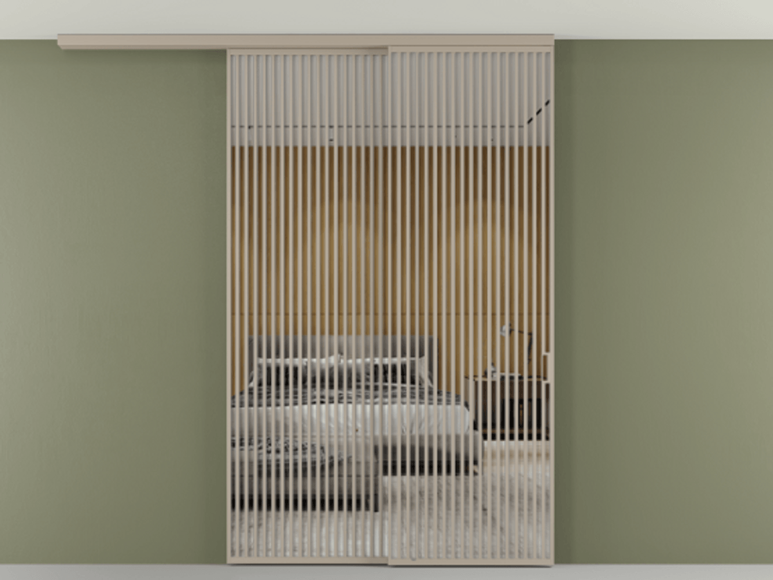 Перегородка Формато вдоль стены на потолок 2 створки с синхронным механизмом АЛПР 040.06 Алюминий бисквитный Двустороннее зеркало, триплекс , триплекс 6 мм Цена 23480 AZE | Volhovec