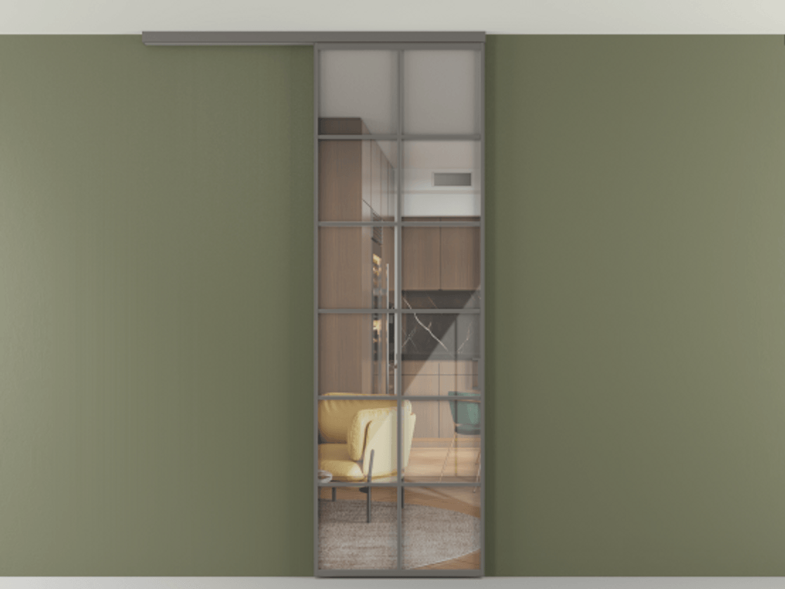 Перегородка Формато вдоль стены на потолок 1 створка АЛПР 040.05 Алюминий классический серый Рефлективное прозрачное стекло "Стопсол", калёное Цена 114252 ₽ | Volhovec