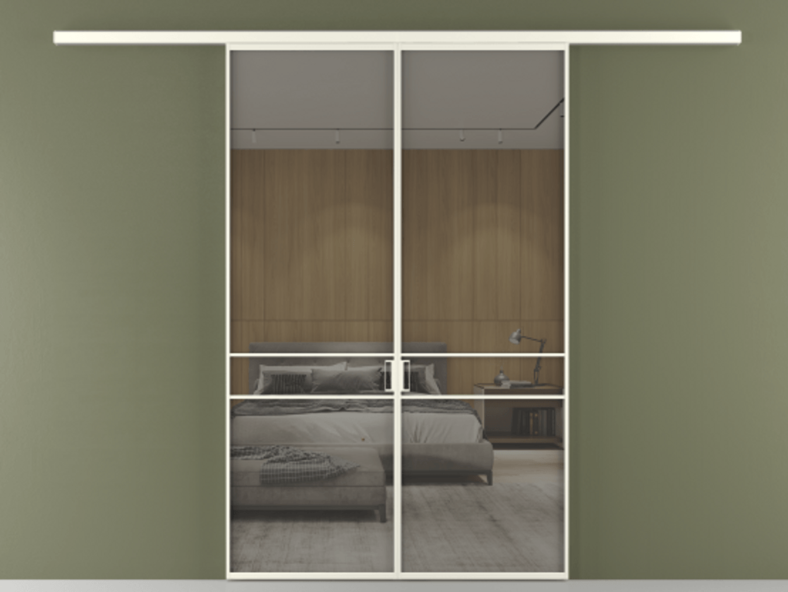 Перегородка Формато вдоль стены 2 створки АЛПР 040.02 Алюминий жемчужный Рефлективное серое стекло "Стопсол", калёное Цена 12980 AZE | Volhovec