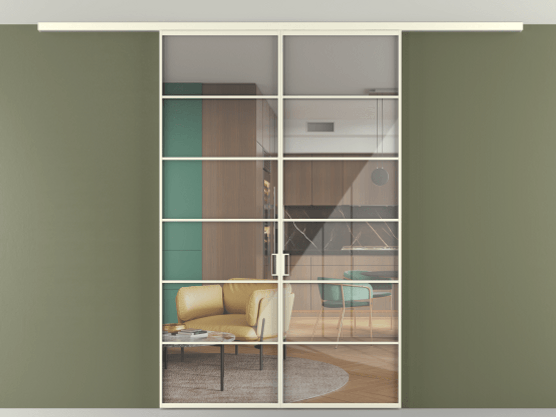 Перегородка Формато вдоль стены на потолок 2 створки АЛПР 040.04 Алюминий молочно-белый Рефлективное прозрачное стекло "Стопсол", калёное Цена 11541 AZE | Volhovec