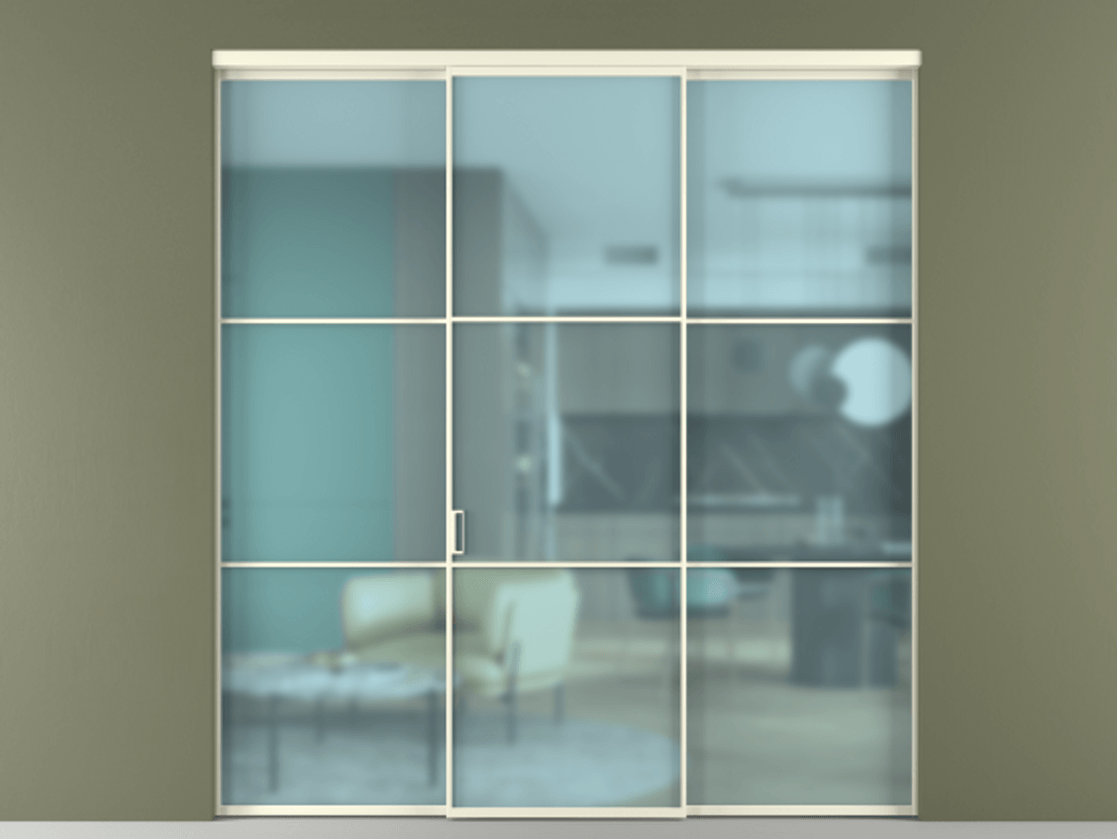 Перегородка Формато внутри проёма 3 створки АЛПР 040.03 Алюминий молочно-белый Сатинированное голубое стекло, триплекс Цена 12400 AZE | Volhovec