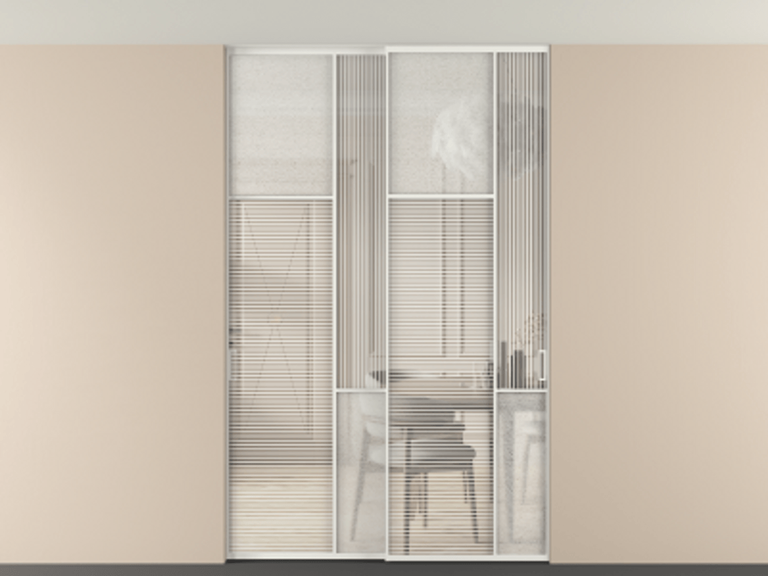 Перегородка Мозаик внутри проёма скрытое крепление в потолок 2 створки АЛПР 041.10 Алюминий светло-серый Рифлёное стекло "Дюна", триплекс, 6 мм + Фактурное стекло "Лёд", триплекс. Цена 17750 AZE . Фабрика дверей Волховец 8 (800) 551 43 19 Перегородка Мозаик внутри проёма скрытое крепление в потолок 2 створки АЛПР 041.10 Алюминий светло-серый Рифлёное стекло "Дюна", триплекс, 6 мм + Фактурное стекло "Лёд", триплекс Цена 17750 AZE | Volhovec
