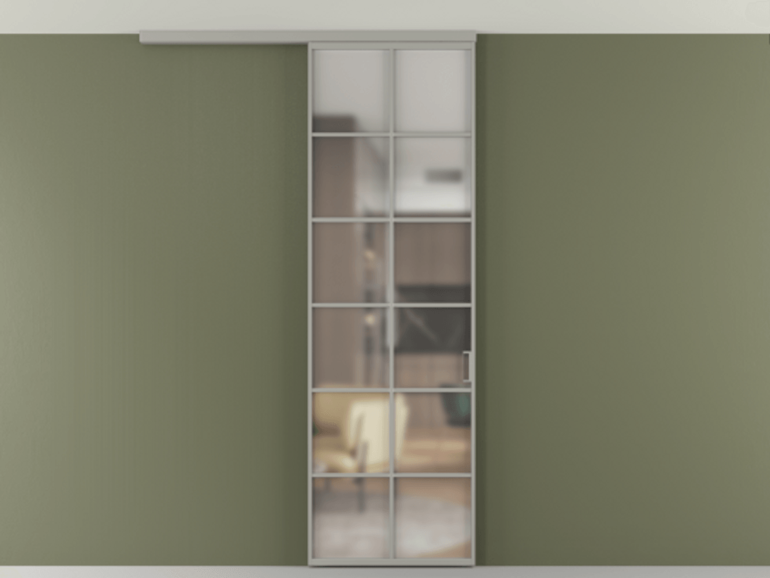 Перегородка Формато вдоль стены на потолок 1 створка АЛПР 040.05 Алюминий нейтральный серый Сатинированное стекло "Мателюкс Кристал Вижн", калёное, матовое, каленое 6 мм Цена 5960 AZE | Volhovec