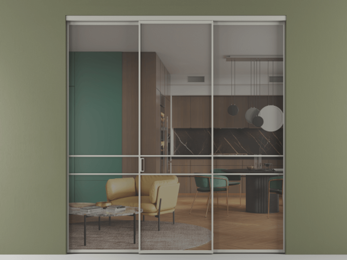 Перегородка Формато внутри проёма 3 створки АЛПР 040.02 Алюминий нейтральный серый Рефлективное серое стекло "Стопсол", калёное Цена 16550 AZE | Volhovec