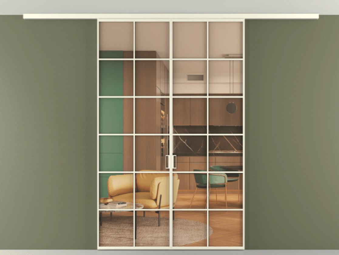 Перегородка Формато вдоль стены на потолок 2 створки АЛПР 040.05 Алюминий молочно-белый Прозрачное оранжевое стекло, триплекс Цена 10400 AZE | Volhovec