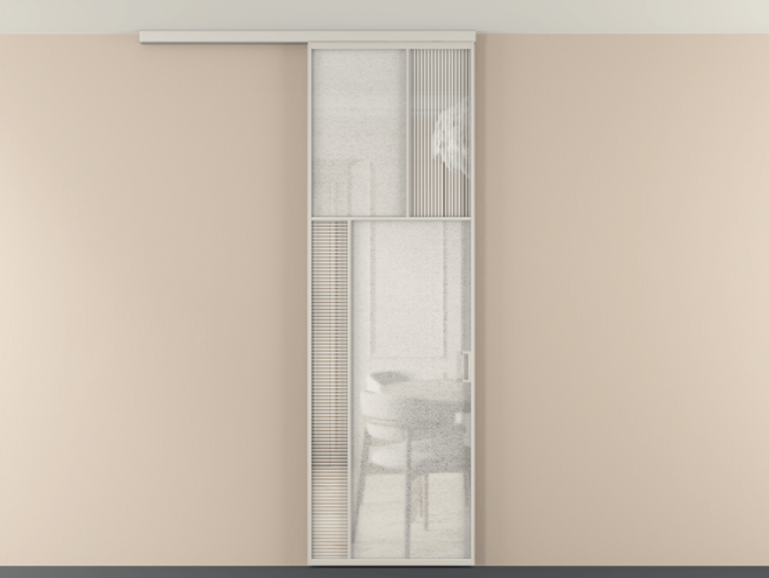 Перегородка Мозаик вдоль стены на потолок 1 створка АЛПР 041.22 Алюминий облачно-серый Рифлёное стекло "Дюна", триплекс, 6 мм + Фактурное стекло "Лёд", триплекс Цена 7460 AZE | Volhovec