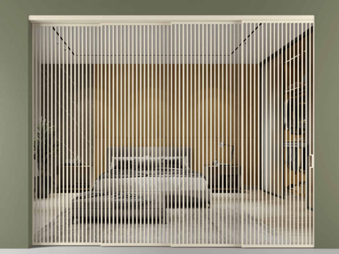 Перегородка Формато внутри проёма 4 створки с синхронным механизмом АЛПР 040.06 Алюминий бежево-серый Двустороннее зеркало, триплекс , триплекс 6 мм Цена 40520 AZE | Volhovec