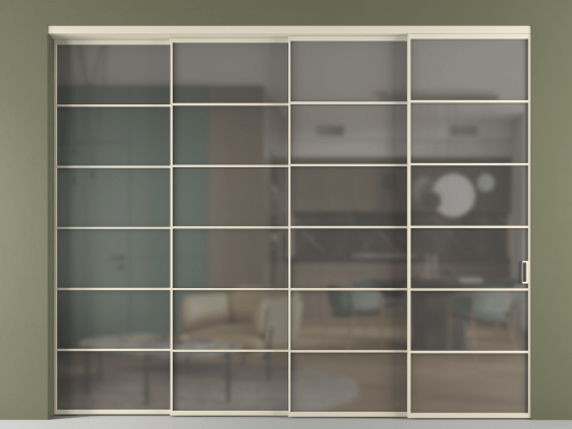 Перегородка Формато внутри проёма 4 створки с синхронным механизмом АЛПР 040.04 Алюминий бежево-серый Сатинированное серое стекло, триплекс Цена 25470 AZE | Volhovec