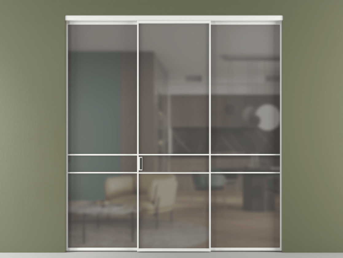 Перегородка Формато внутри проёма 3 створки АЛПР 040.02 Алюминий белоснежный Сатинированное серое стекло, триплекс Цена 12370 AZE | Volhovec